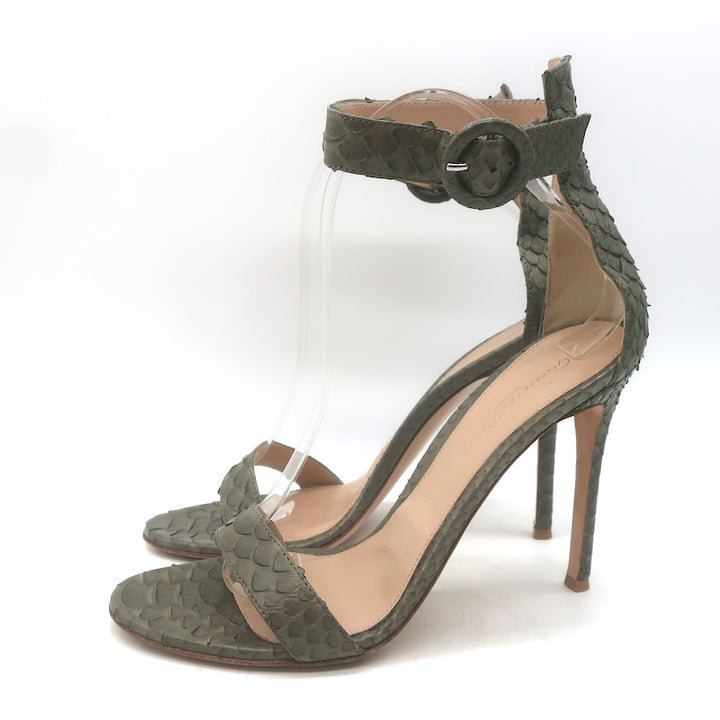 Gianvito Rossi Portofino 105 Snakeskin Ankle Strap Sandals Olive Size 39
