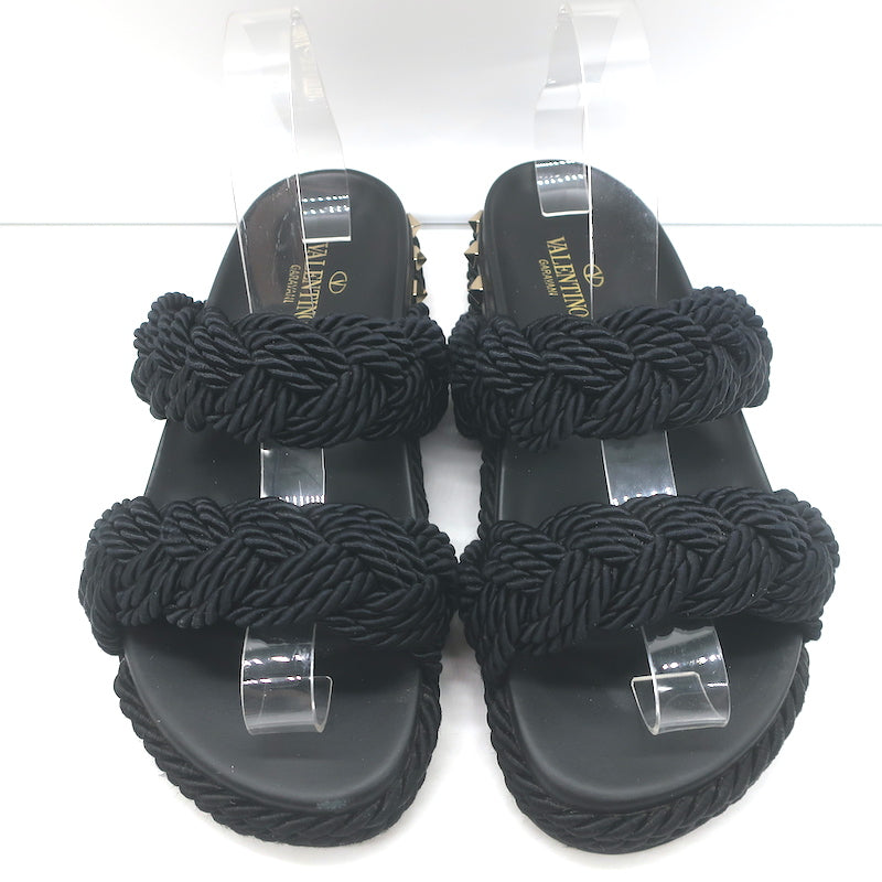 Valentino Rockstud Braided Rope Slide Sandals Black Size 38