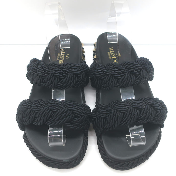Valentino Rockstud Braided Rope Slide Sandals Black Size 38