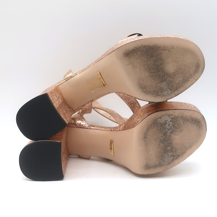 Gucci GG Marmont Ankle Strap Platform Sandals Pink Metallic Leather Size 38