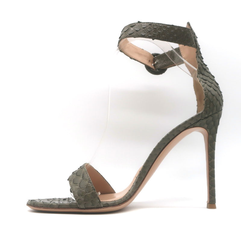 Gianvito Rossi Portofino 105 Snakeskin Ankle Strap Sandals Olive Size 39