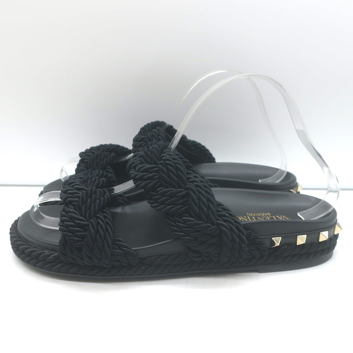 Valentino Rockstud Braided Rope Slide Sandals Black Size 38