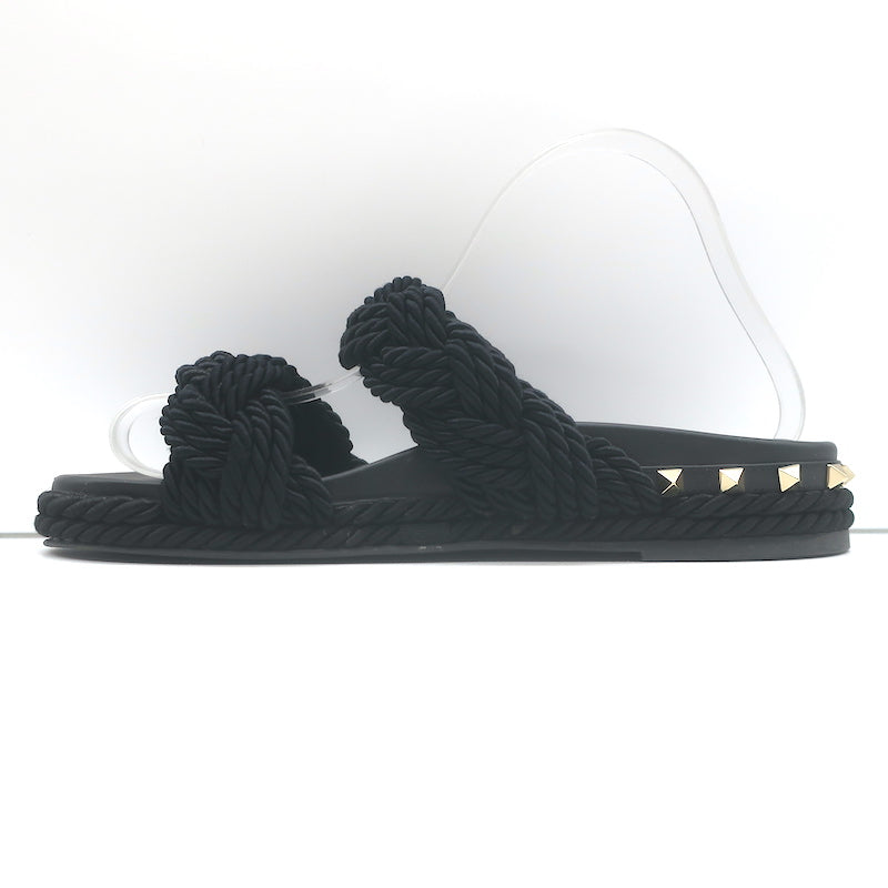 Valentino Rockstud Braided Rope Slide Sandals Black Size 38