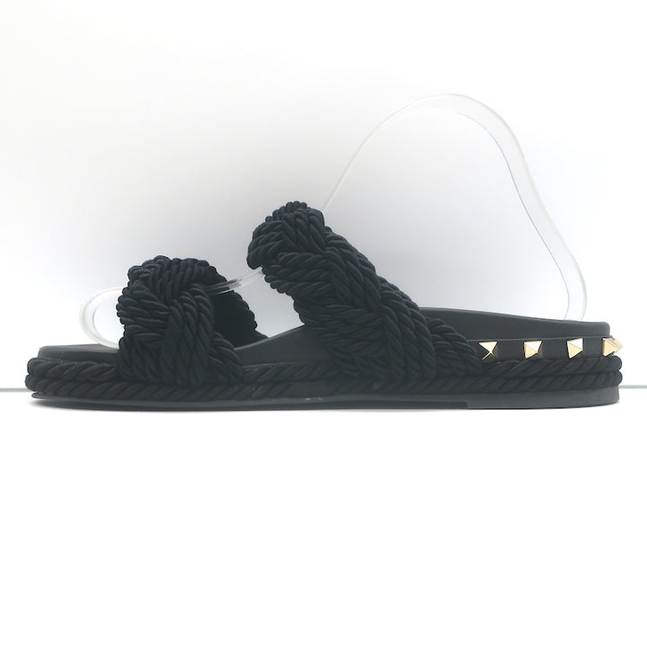 Valentino Rockstud Braided Rope Slide Sandals Black Size 38