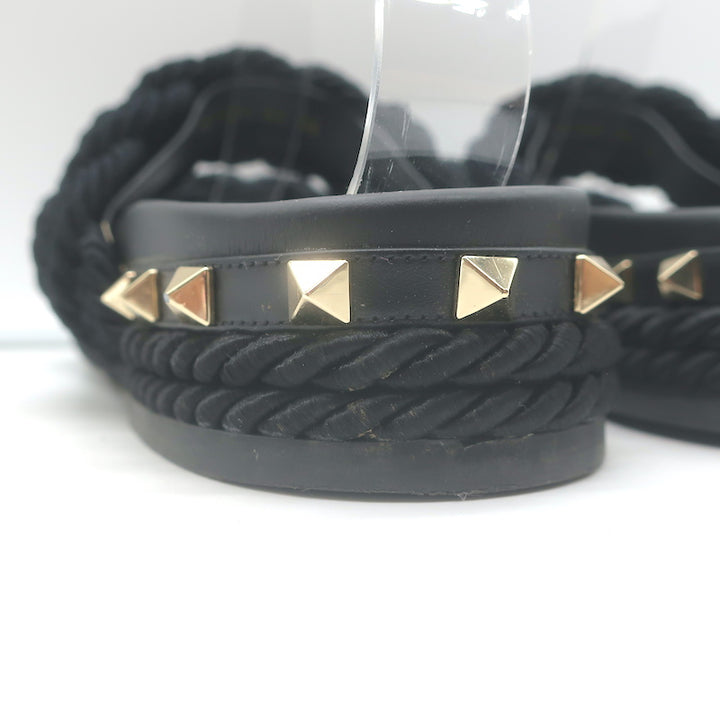 Valentino Rockstud Braided Rope Slide Sandals Black Size 38