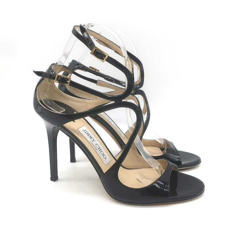 Jimmy Choo Lang 100 Cutout Ankle Strap Sandals Black Patent Leather Size 38.5