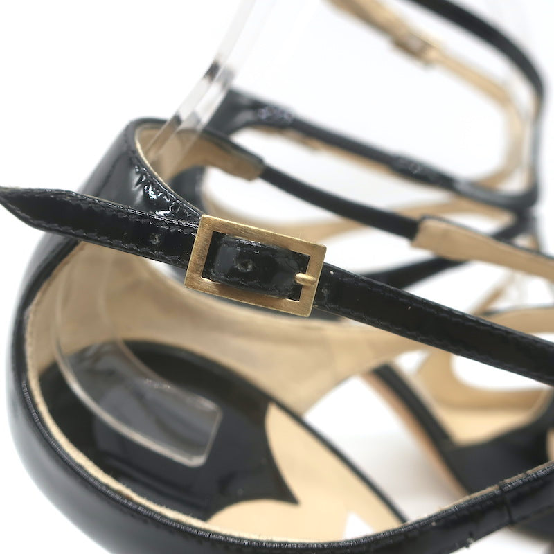 Jimmy Choo Lang 100 Cutout Ankle Strap Sandals Black Patent Leather Size 38.5