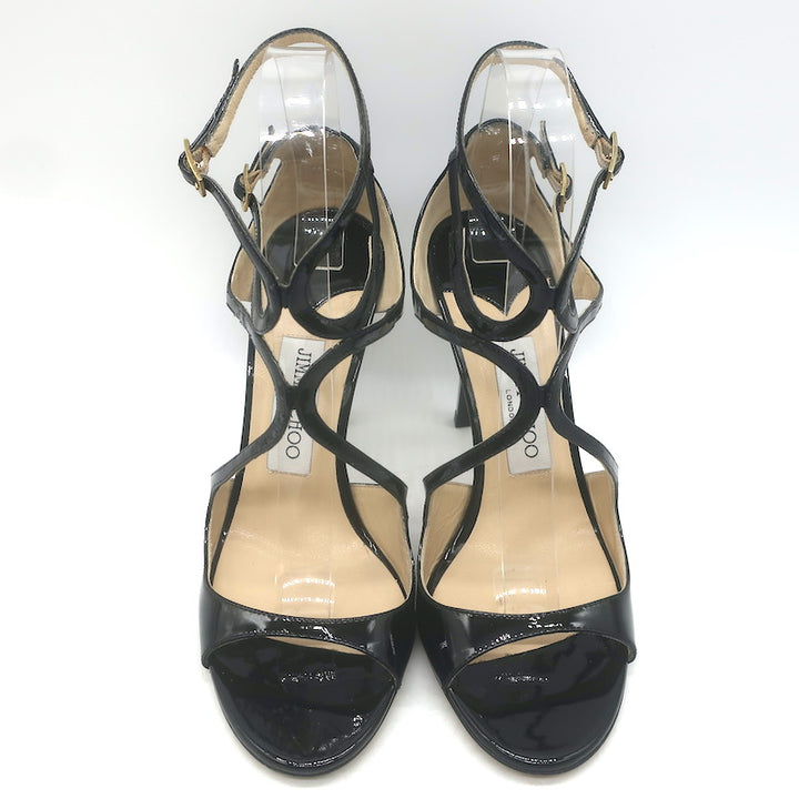 Jimmy Choo Lang 100 Cutout Ankle Strap Sandals Black Patent Leather Size 38.5