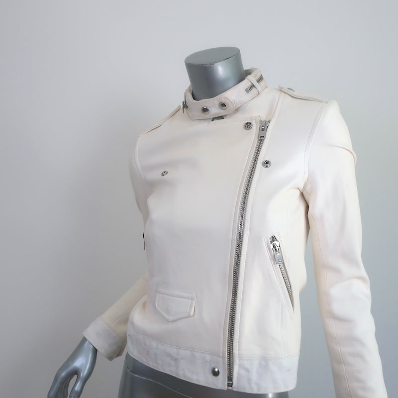 IRO Mazey Biker Jacket White Denim-Trimmed Leather Size 36