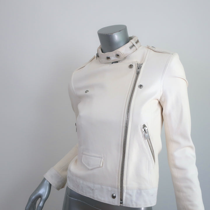 IRO Mazey Biker Jacket White Denim-Trimmed Leather Size 36