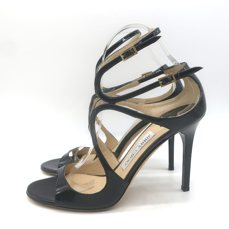 Jimmy Choo Lang 100 Cutout Ankle Strap Sandals Black Patent Leather Size 38.5