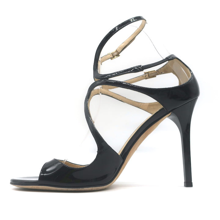 Jimmy Choo Lang 100 Cutout Ankle Strap Sandals Black Patent Leather Size 38.5