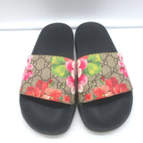 Gucci GG Blooms Pursuit Pool Slide Sandals Brown/Multi Monogram Canvas Size 38