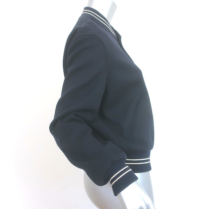 Celine Logo-Embroidered Teddy Varsity Jacket Navy Wool Size 36 NEW