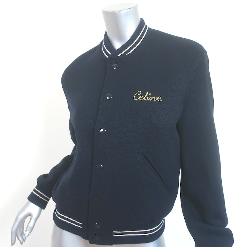 Celine Logo-Embroidered Teddy Varsity Jacket Navy Wool Size 36 NEW