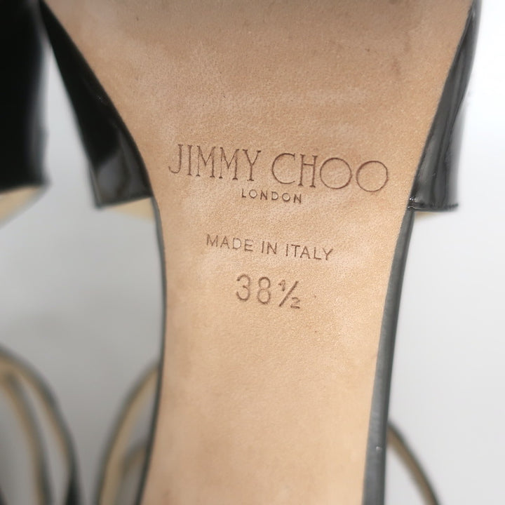 Jimmy Choo Lang 100 Cutout Ankle Strap Sandals Black Patent Leather Size 38.5