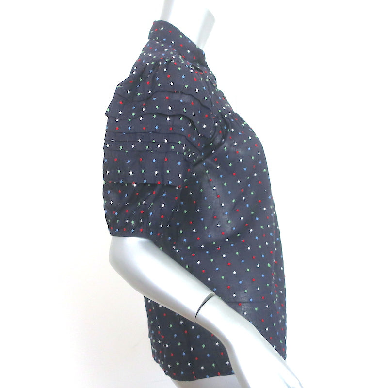 THE GREAT Mare Puff Sleeve Top Navy Dot Embroidered Cotton Size 0