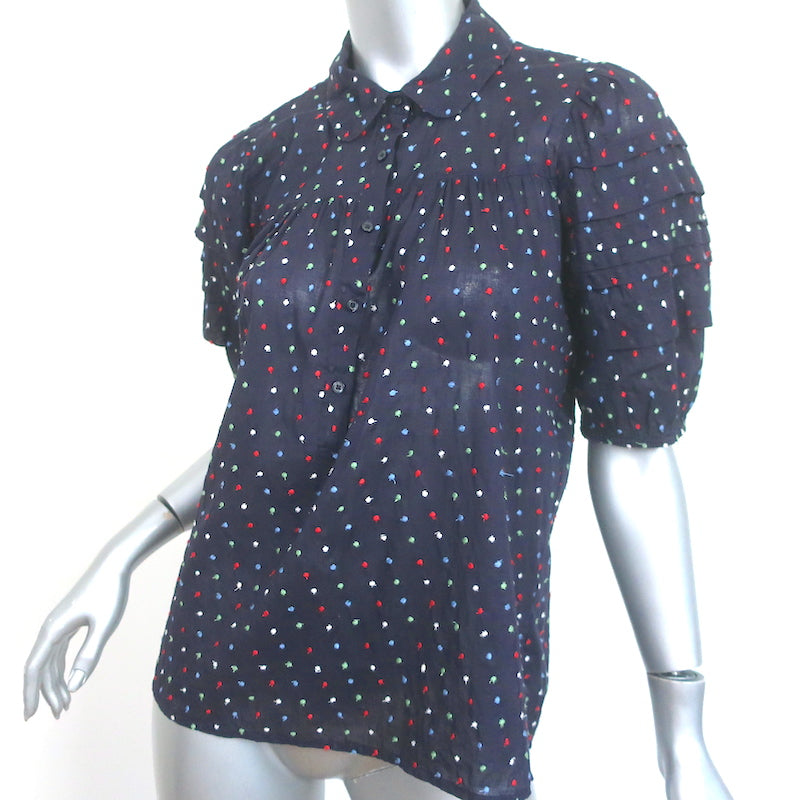 THE GREAT Mare Puff Sleeve Top Navy Dot Embroidered Cotton Size 0