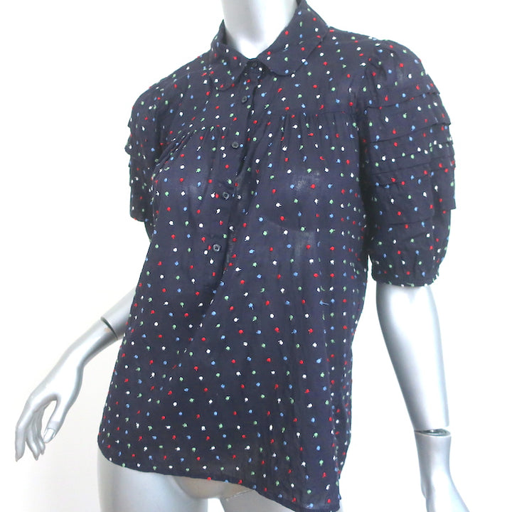 THE GREAT Mare Puff Sleeve Top Navy Dot Embroidered Cotton Size 0
