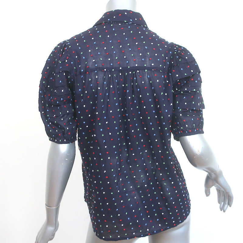 THE GREAT Mare Puff Sleeve Top Navy Dot Embroidered Cotton Size 0