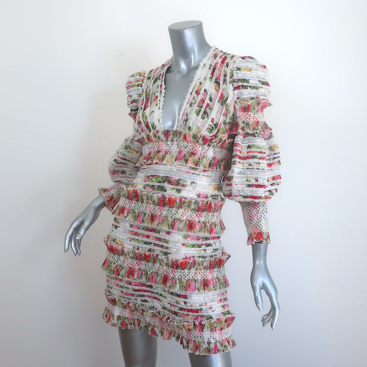 Zimmermann Billows Smocked Mini Dress White Floral Print Linen-Silk Size 1