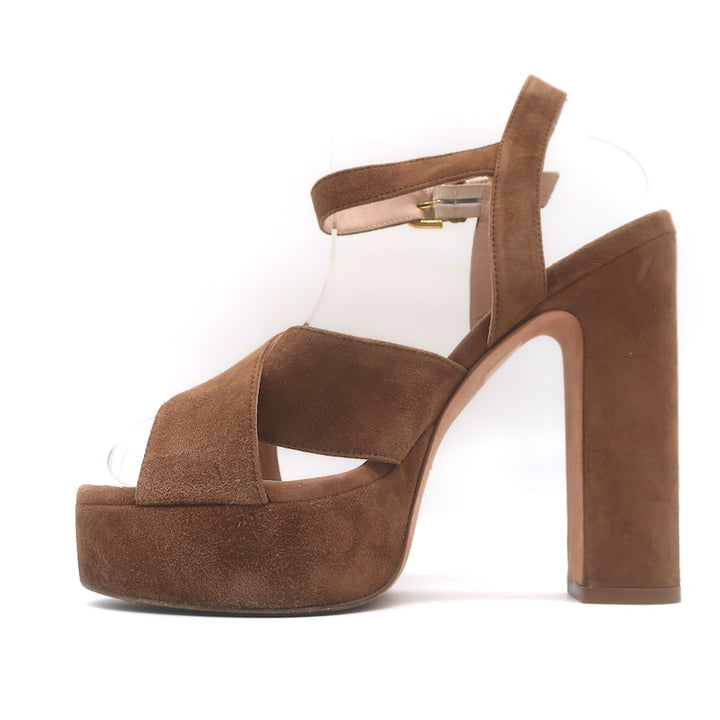 Stuart Weitzman Joni Crisscross Platform Sandals Brown Suede Size 38.5