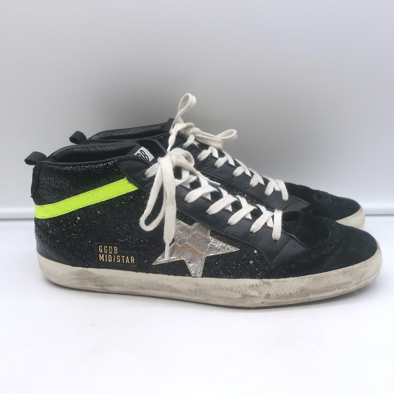 Golden Goose Glitter Mid Star Sneakers Black &amp; Silver Metallic Leather Size 41