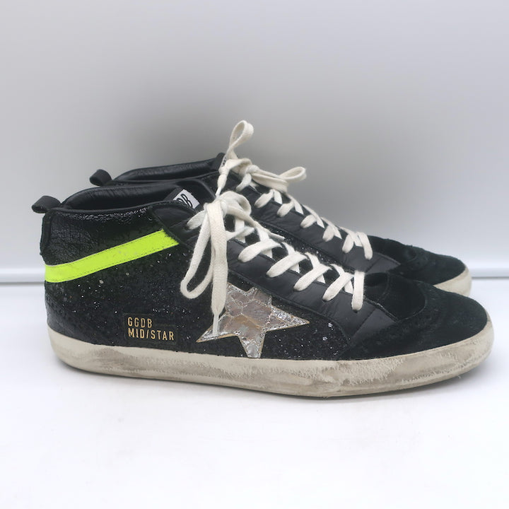 Golden Goose Glitter Mid Star Sneakers Black &amp; Silver Metallic Leather Size 41