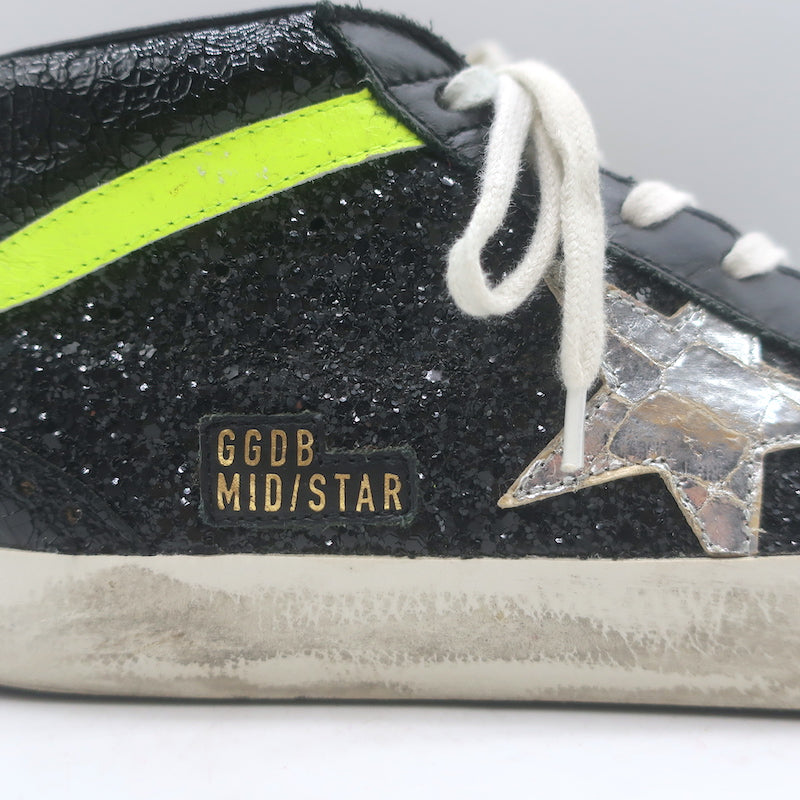 Golden Goose Glitter Mid Star Sneakers Black &amp; Silver Metallic Leather Size 41