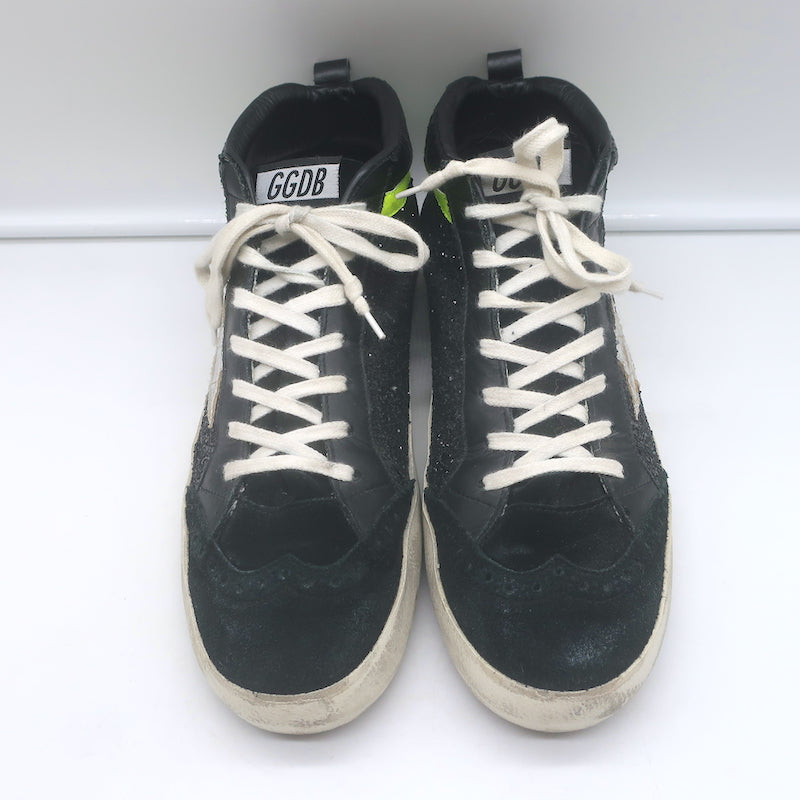 Golden Goose Glitter Mid Star Sneakers Black &amp; Silver Metallic Leather Size 41