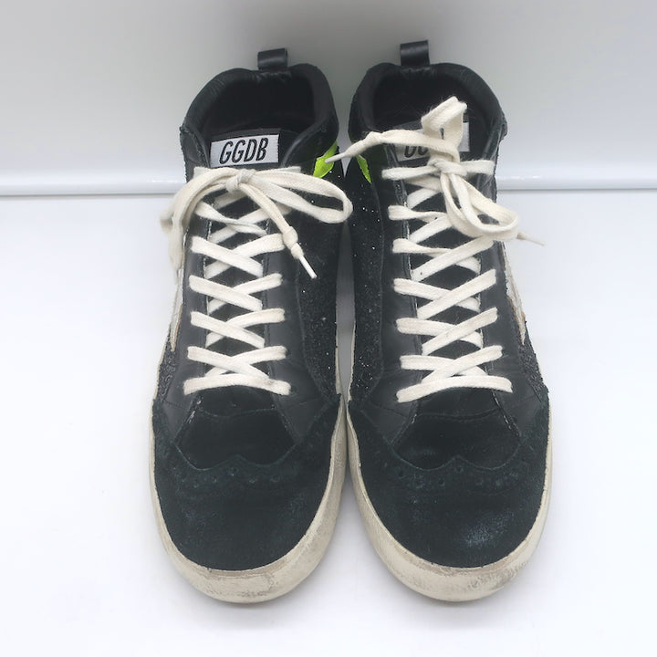 Golden Goose Glitter Mid Star Sneakers Black &amp; Silver Metallic Leather Size 41