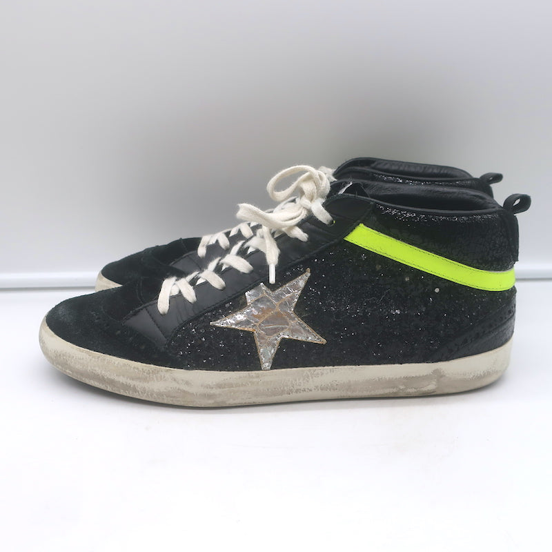 Golden Goose Glitter Mid Star Sneakers Black &amp; Silver Metallic Leather Size 41