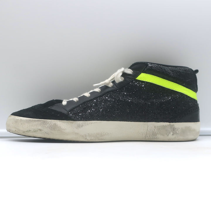 Golden Goose Glitter Mid Star Sneakers Black &amp; Silver Metallic Leather Size 41