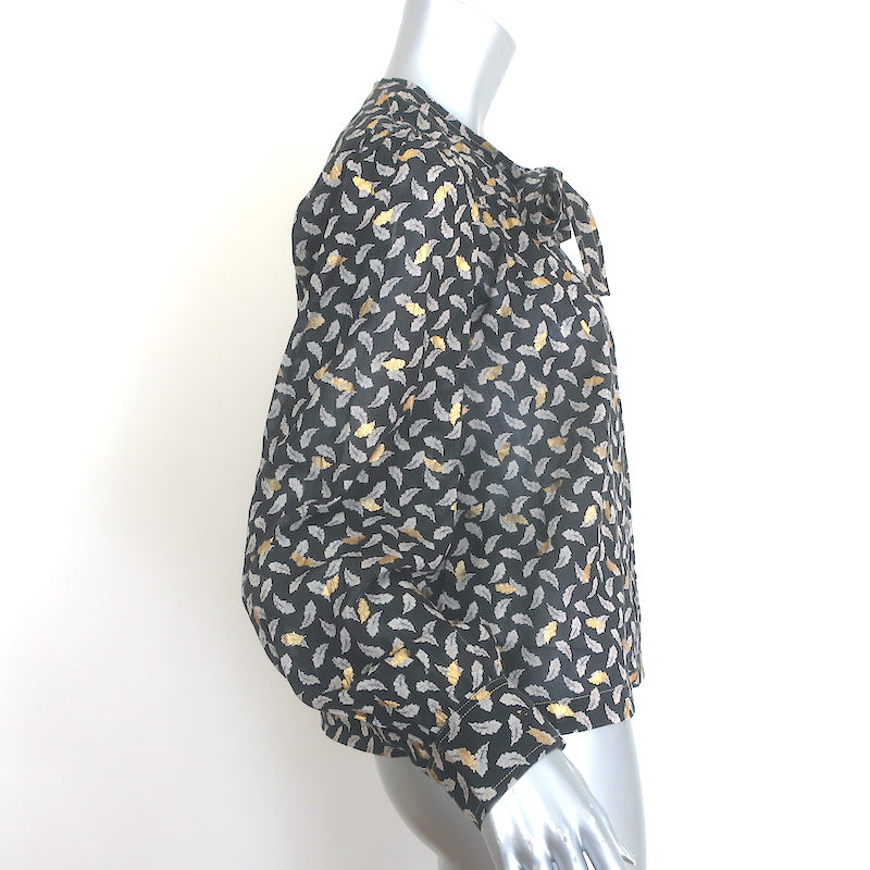 Doen Norma Tie-Neck Blouse Charcoal Leaf Print Voile Size Medium Long Sleeve Top