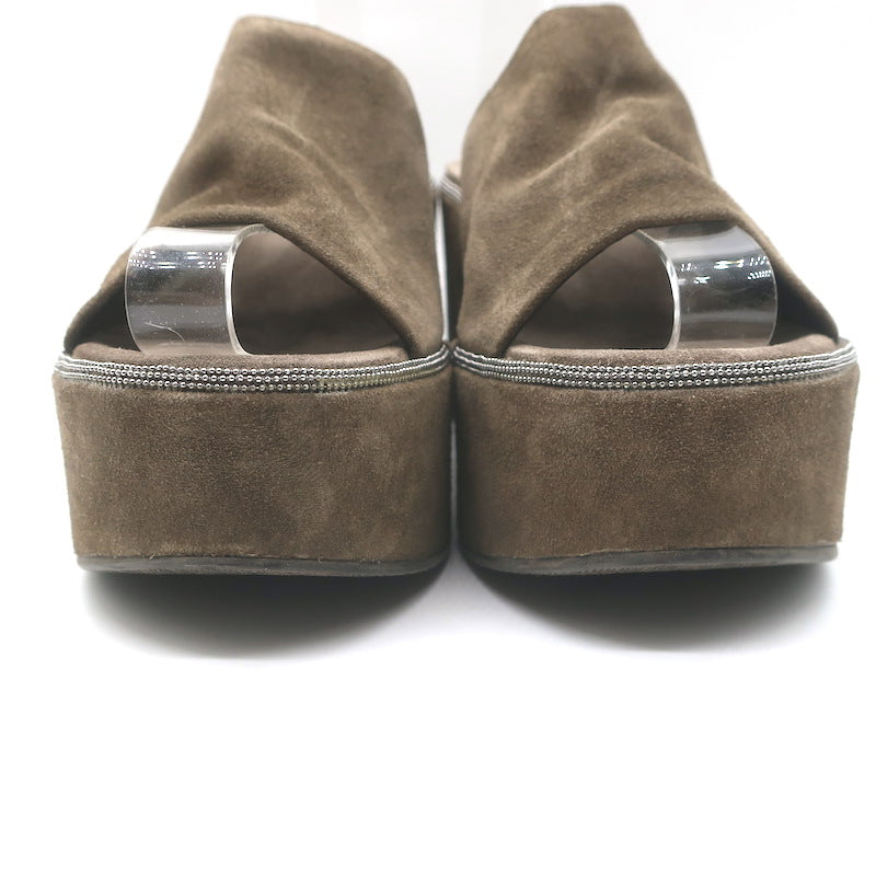 Brunello Cucinelli Monili-Trim Platform Wedge Slide Sandals Brown Suede Size 38