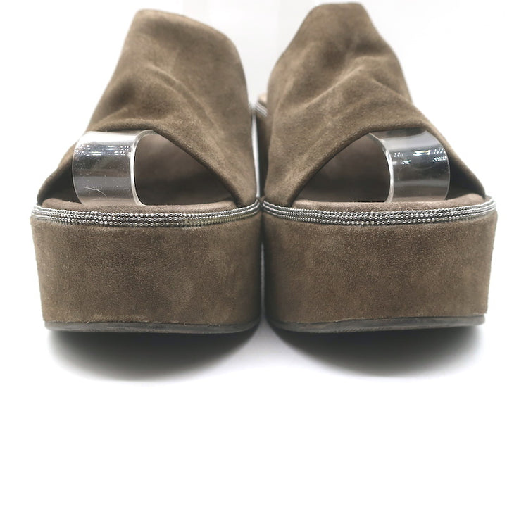 Brunello Cucinelli Monili-Trim Platform Wedge Slide Sandals Brown Suede Size 38