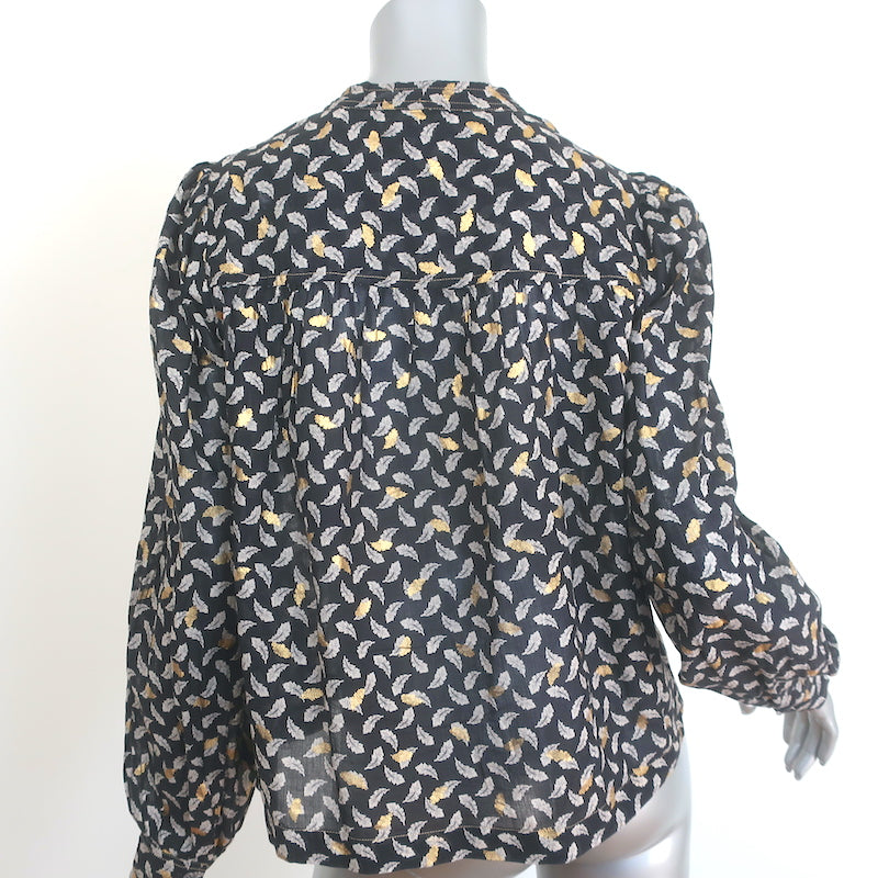 Doen Norma Tie-Neck Blouse Charcoal Leaf Print Voile Size Medium Long Sleeve Top