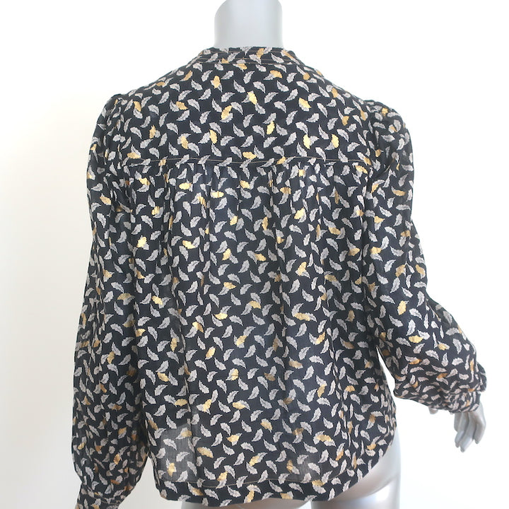 Doen Norma Tie-Neck Blouse Charcoal Leaf Print Voile Size Medium Long Sleeve Top