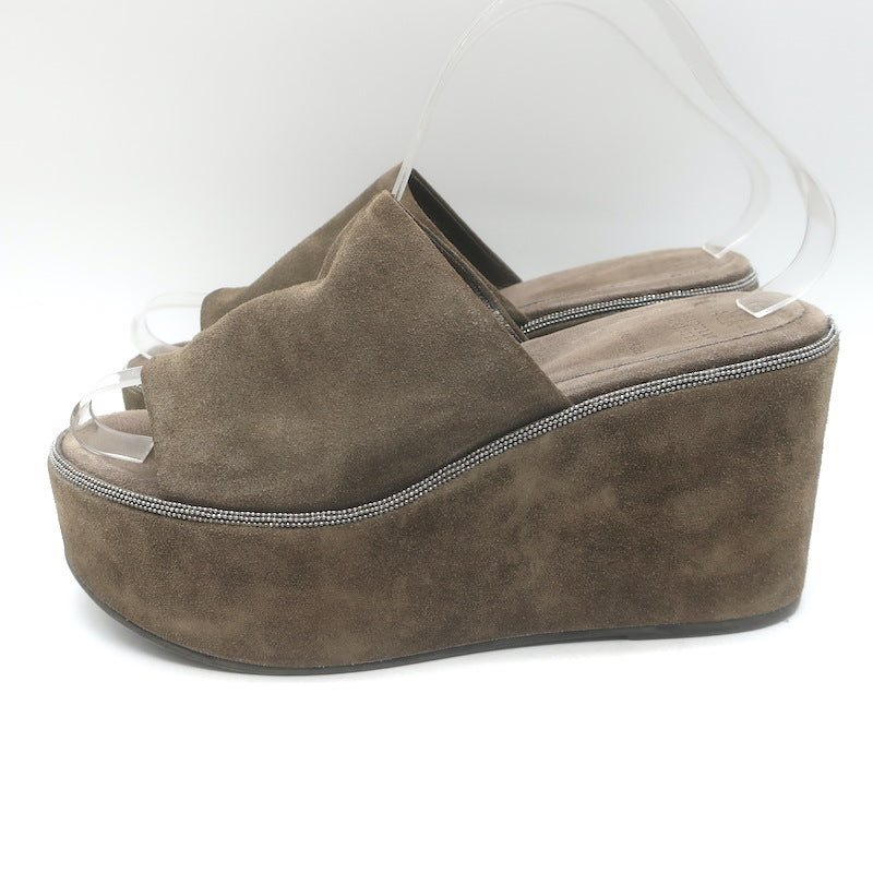 Brunello Cucinelli Monili-Trim Platform Wedge Slide Sandals Brown Suede Size 38