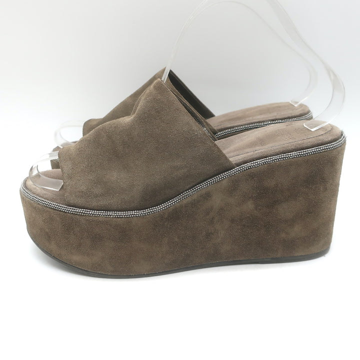 Brunello Cucinelli Monili-Trim Platform Wedge Slide Sandals Brown Suede Size 38