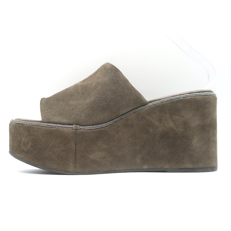 Brunello Cucinelli Monili-Trim Platform Wedge Slide Sandals Brown Suede Size 38