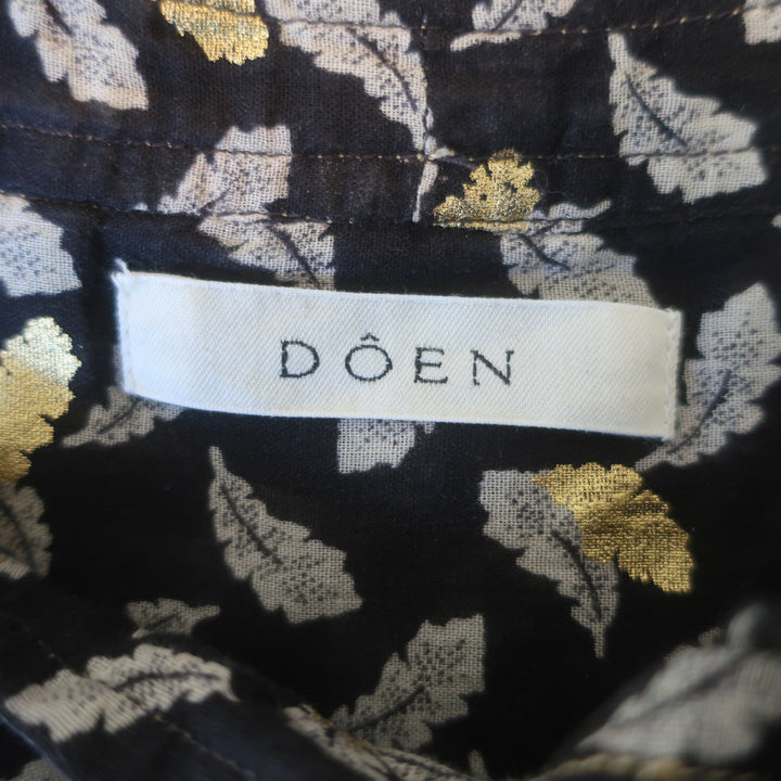 Doen Norma Tie-Neck Blouse Charcoal Leaf Print Voile Size Medium Long Sleeve Top