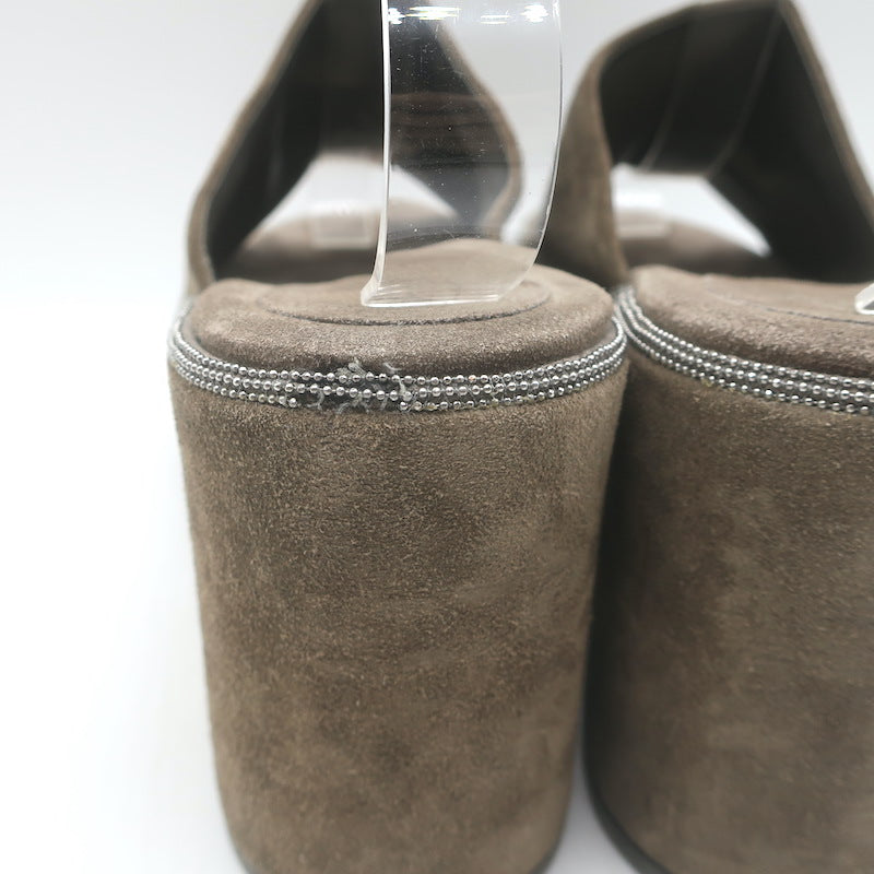 Brunello Cucinelli Monili-Trim Platform Wedge Slide Sandals Brown Suede Size 38
