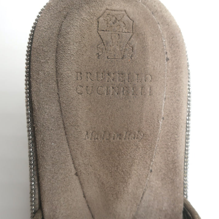 Brunello Cucinelli Monili-Trim Platform Wedge Slide Sandals Brown Suede Size 38