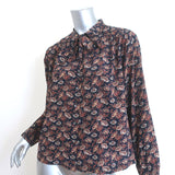 Doen Judith Tie-Neck Top Navy Floral Print Silk Size Medium Long Sleeve Blouse