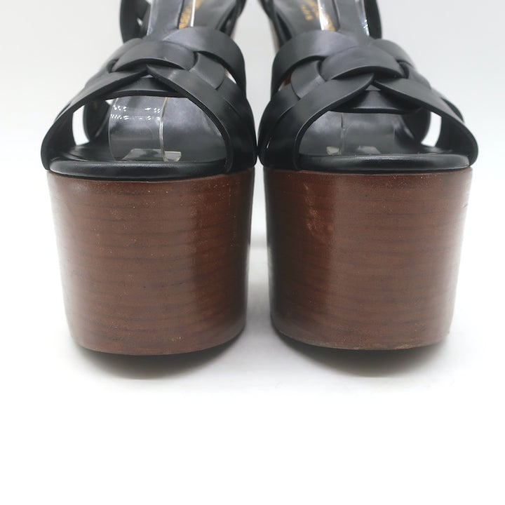 Saint Laurent Tribute Super Platform T-Strap Sandals Black Leather Size 39