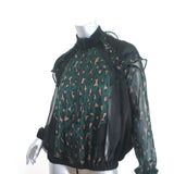 Sacai Ruffled Bomber Jacket Green Leopard Print Satin & Black Chiffon Size 1