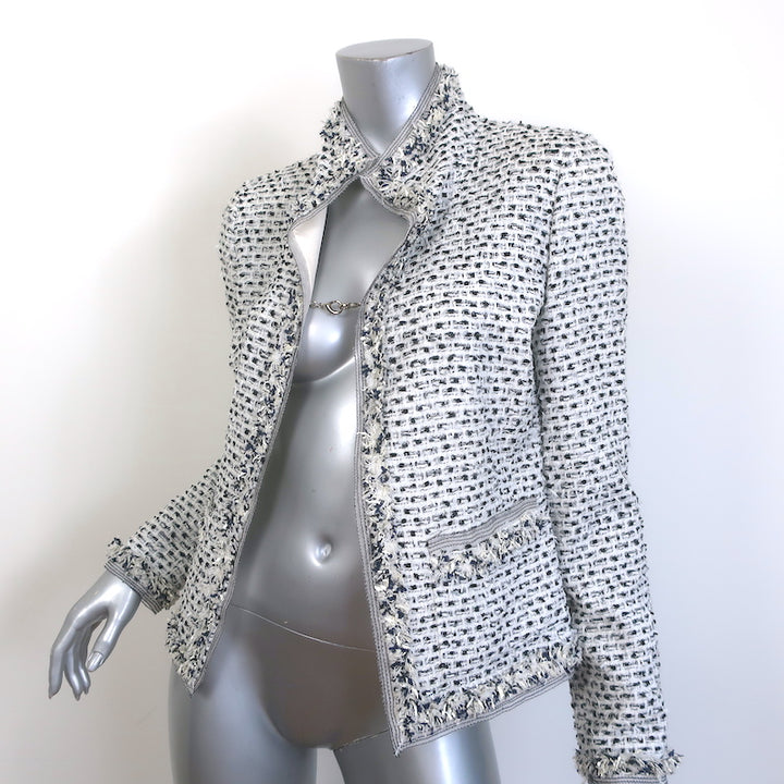 Oscar de la Renta Fringed Tweed Jacket White Cotton-Blend Size 4 NEW