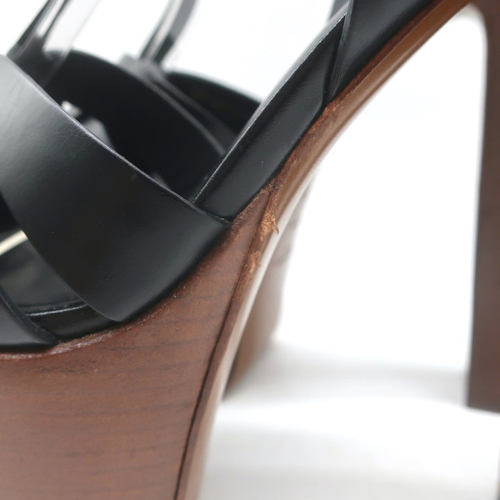 Saint Laurent Tribute Super Platform T-Strap Sandals Black Leather Size 39