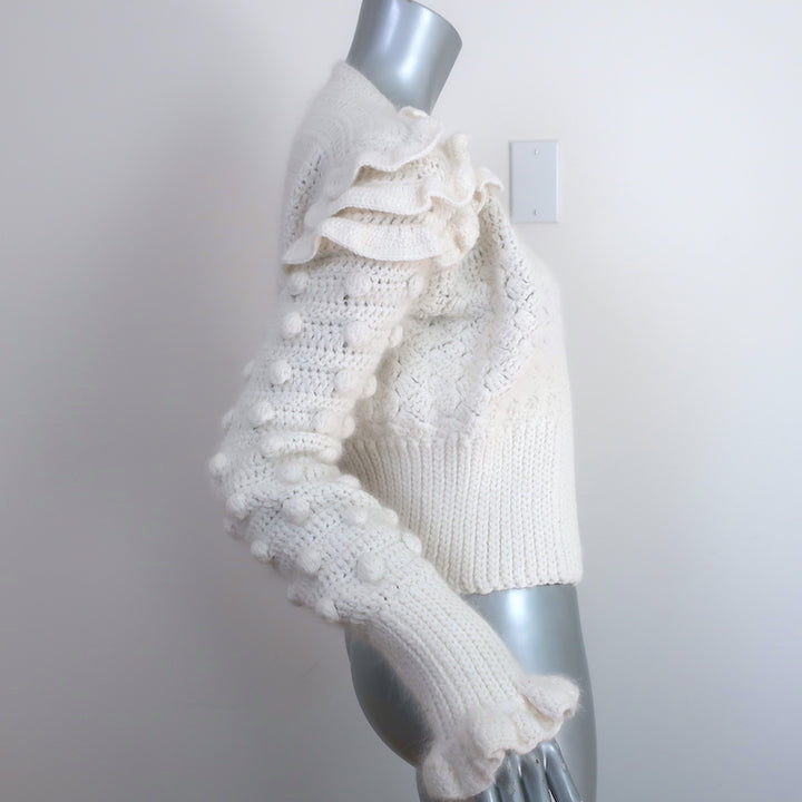 Frederick Anderson Crochet Cardigan Cream Ruffled Pom Pom Knit Size Small